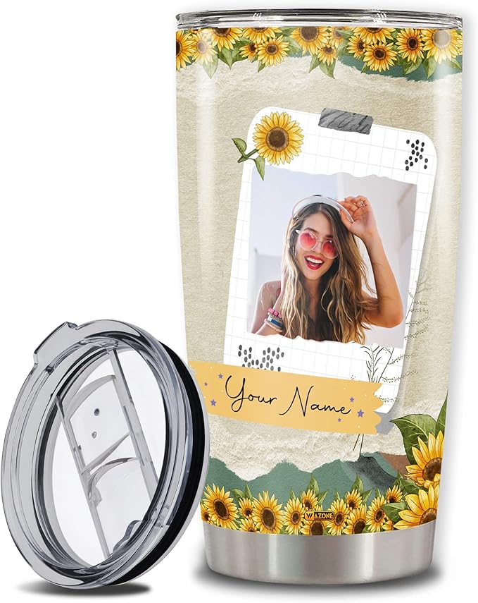 WAZONE Personalized Couples Tumbler With Picture Custom Photo Frame Hot Drink Travel Mugs With Name 20 30 Oz Stainless Mug Cups Gifts For Men Women On Valentine's Day Birthday Anniversary