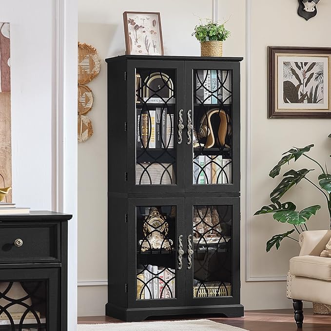 67" Tall Pantry Cabinet Set of 2, Vintage Kitchen Pantries Cabinets with Glass Doors & Adjustable Shelves, Wood Cupboard with Large Storage for Dingning Room, Bathroom, Black