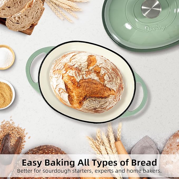 Davivy 6QT Oval Sourdough Dutch Oven with Silicone Baking Mat, Cast Iron Bread Oven for Sourdough 6QT,Bread Cloche Dutch Oven Baking Pan with Domed Lid - Sea Salt Green