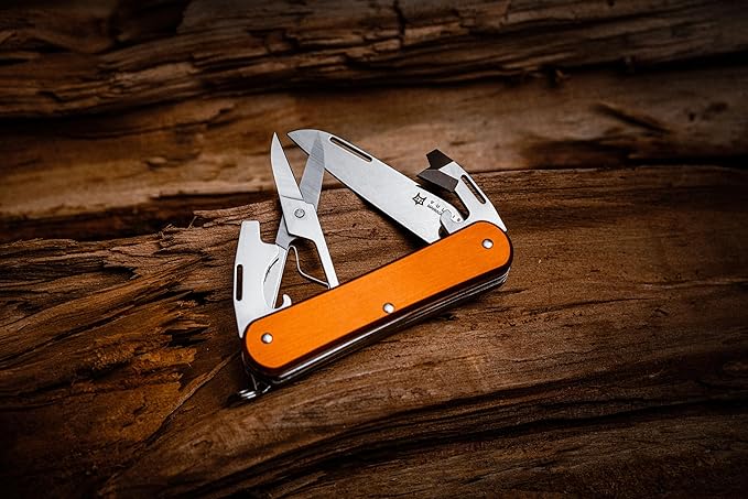 Fox Knives Vulpis FX-VP130-F4 Slipjoint Folding Knife 4-in-1 Multitool 2.17in Blade, Bottle Opener, Can Opener, Flat Head Screwdriver, Scissors - Compact Versatile Minimalist Pocket Knife (Orange)