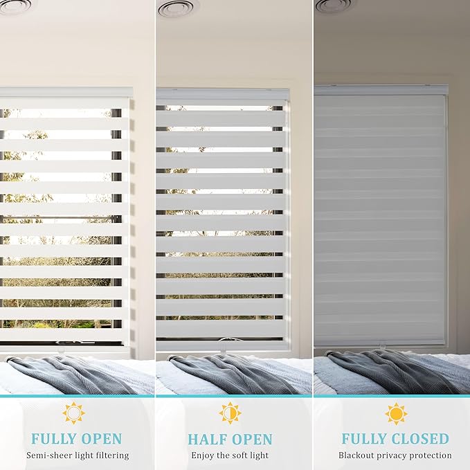 Zebra Blinds for Windows, 2 Pack Roller Window Shades, Blackout Blinds for Windows, Cordless Dual Layer Roll Up Blind Control for Day and Night, 46" W X 72" H, White