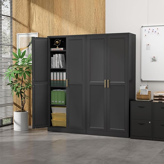 Kitchen Pantry Cabinet,71?쒫lack Metal Pantry Storage Cabinet with Doors and 4 Adjustable Shelves,Kitchen Cabinet with 2 Gold Handles,Tall Cabinet for Livingroom,Pantry, Bathroom