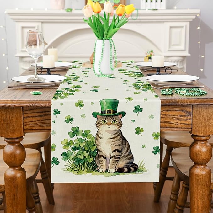 St Patricks Day Table Runner Shamrocks Cat St. Patrick's Day Runners Table Decorations Holiday Spring Kitchen Dining Home Party Supply 13x72 Inch