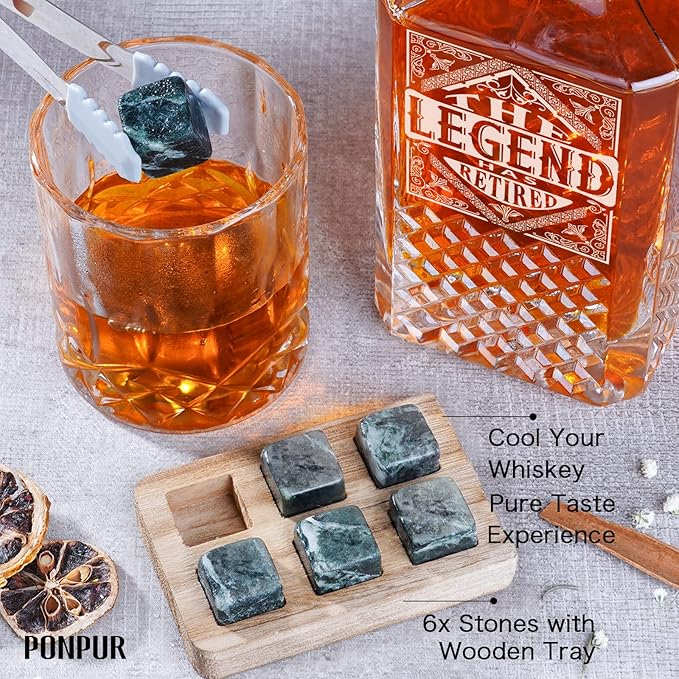 PONPUR The Legend Has Retired 2025 Retirement Gifts for Men Women, Whiskey Decanter Gift Set with 2 Whisky Glasses, Best Christmas Birthday Presents for Dad Coworkers Teacher