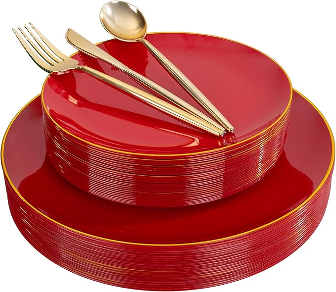 I00000 150Pcs Red Plastic Plates with Gold Rim,Fancy Plastic Plates,Nice Disposable Plates Set include 30 Dinner Plate,30 Dessert Plate, 90 plastic Silverware Set for Valentine's Day