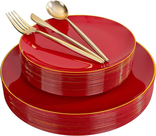 I00000 150Pcs Red Plastic Plates with Gold Rim,Fancy Plastic Plates,Nice Disposable Plates Set include 30 Dinner Plate,30 Dessert Plate, 90 plastic Silverware Set for Valentine's Day