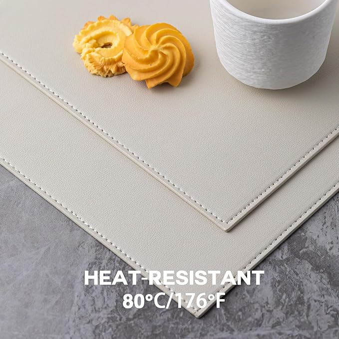 Baroyal Faux Leather Placemats Set of 12 Vinyl Washable Wipeable Table Mats for Kitchen Dining Table Heat Resistant Waterproof Modern Indoor/Outdoor Placemats Non-Slip Easy Clean Place Mat Cream White