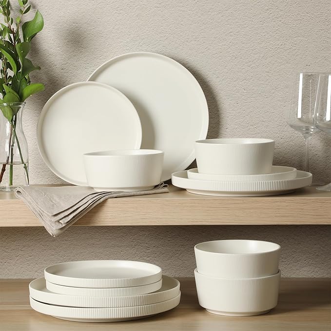 Gibson Home Dempsey Road 12-Piece Stoneware Dinnerware Set ??Service for 4, Round White Plates and Bowls, Durable Solid Color Modern Embossed Dish Set, Microwave & Dishwasher Safe