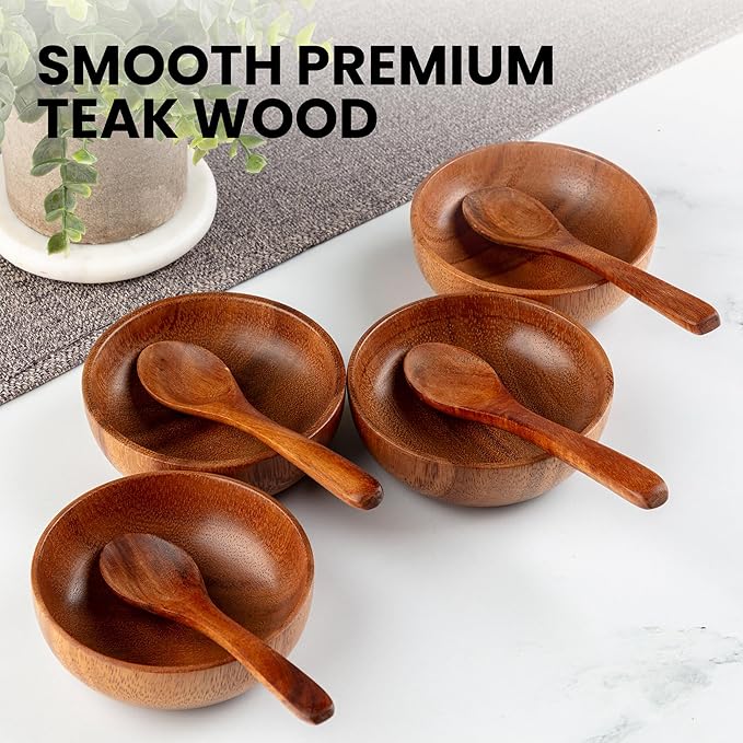 Zulay Kitchen Teak Wood Dipping Bowls with Spoons Set ??8 Piece Wooden Serving Set with 4 Mini Bowls and 4 Small Spoons, Handcrafted Natural Teak Wood, Durable & Smooth Finish