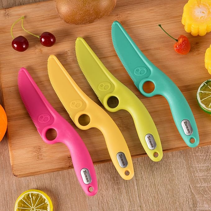 Toddler Learning Knife Set 4-Piece with Educational Ring for Real Cooking, Adorable Dog Design, Safe Serrated Edge for Cutting Training, and Premium Nylon Material Blade, (colors vary)