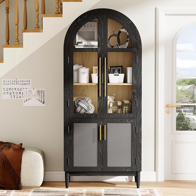 71?쒪rched Kitchen Pantry Cabinet, Stylish Arched Bookcase & Multi-Use Storage Cabinet with Glass & Rattan Doors, Ideal as Kitchen Pantry, Living Room Display, or Entryway Organizer ??Black