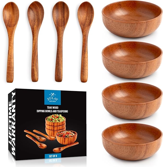Zulay Kitchen Teak Wood Dipping Bowls with Spoons Set ??8 Piece Wooden Serving Set with 4 Mini Bowls and 4 Small Spoons, Handcrafted Natural Teak Wood, Durable & Smooth Finish