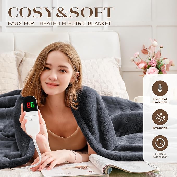 Premium Heated Throw Blanket 50"횞60" - Ultra Cosy Soft Electric Blanket with 8 Heating Levels,Plush Fast Heating Faux Rabbit Fur Blanket for Bed & Couch - Auto Shut Off,Machine Washable(Grey)