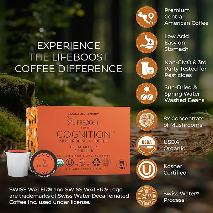Lifeboost Cognition Decaf Mushroom Coffee Pods ??Organic Low Acid Decaf K-Cups with Lion?셲 Mane & Chaga Adaptogens ??Nootropic Coffee for Focus, Energy & Immune Support ??10 Count