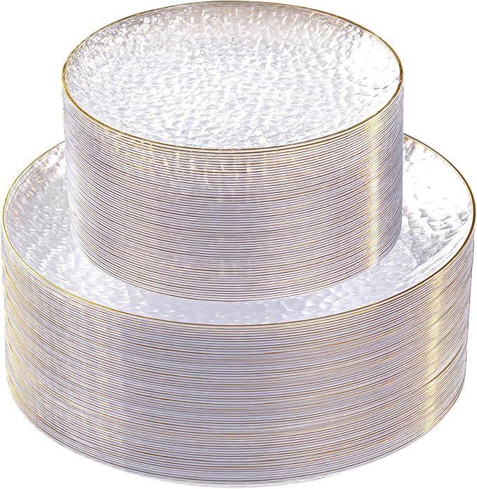 SUT 100Pcs Clear Plastic Plates, Hammered Plates Disposable Heavy Duty, Clear Disposable Plates With Gold Rim, Fancy Plastic plates Include 50 Dinner plate and 50 Dessert plate for Wedding