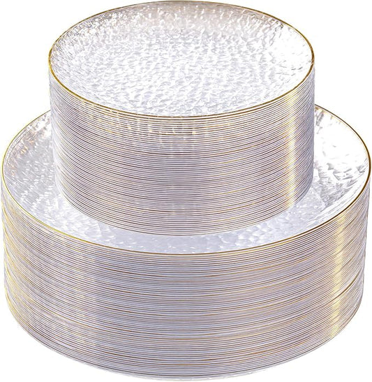 SUT 100Pcs Clear Plastic Plates, Hammered Plates Disposable Heavy Duty, Clear Disposable Plates With Gold Rim, Fancy Plastic plates Include 50 Dinner plate and 50 Dessert plate for Wedding