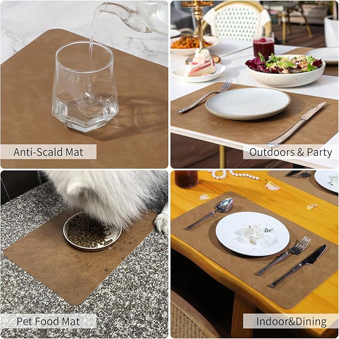 EDanle Cowhide Pattern Faux Leather Placemats Set of 6,Heat Resistant Non-Slip Waterproof Wipeable Washable Kitchen Dining PU Table Place Mats,Double-Sides Available,Light Coffee