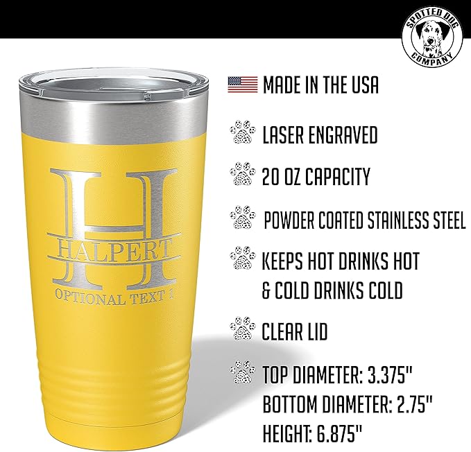 Personalized 20oz (17 Colors) Powder Coated Insulated Stainless Steel Tumbler with Lid, Custom Etched, Customized Engraved Gift Idea for Women Men Her Him, Halpert Monogram Initial Name (Yellow)
