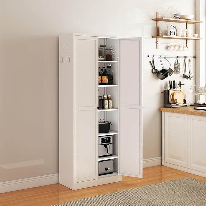 72 inch Tall Kitchen Pantry Cabinet, Metal Food Pantry Cabinet, Pantry Storage Cabinet with 5 Adjustable Shelves and 2 Doors, Utility Cupboard for Kitchen Laundry Living Room Bathroom, White