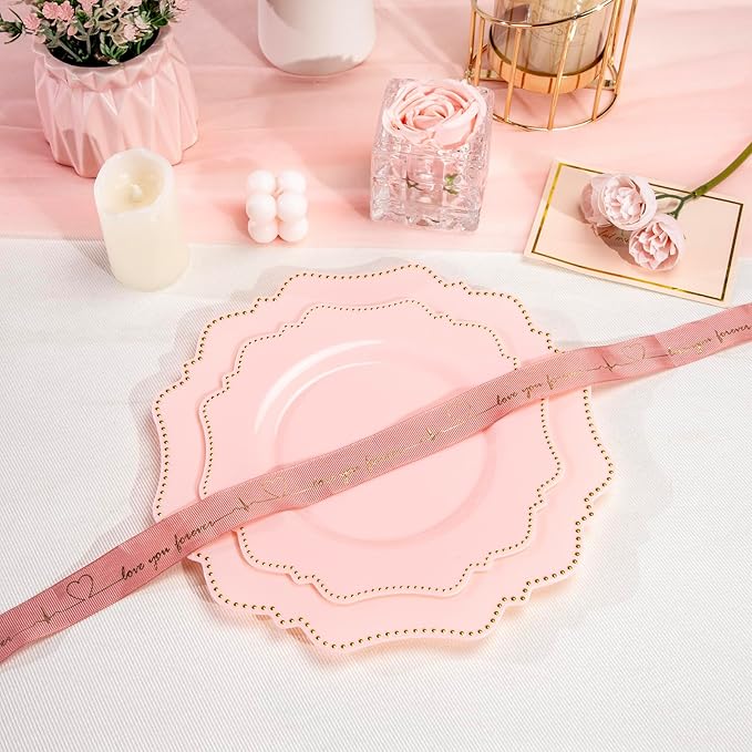COLOSUS 60pcs Disposable Plastic Plates Set, Gold Pink Party Plates, 30pcs Dinner Plates and 30pcs Salad/Dessert Plates for Wedding, Party, Anniversary, Daily Use