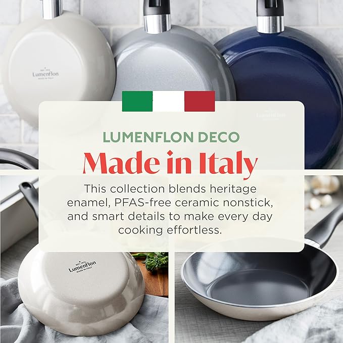 Deco 8??Nonstick Frying Pan Skillet, Made in Italy, Diamond Ceramic PFAS-Free, Dishwasher & Metal Utensil Safe, Durable Gloss Enamel Finish, Stay-Cool Handle, High Walls-Extra Room, Taupe