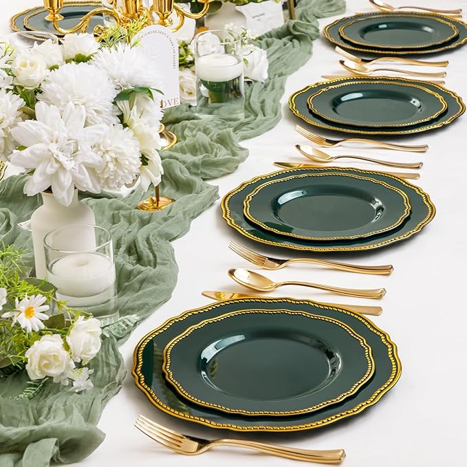 Hioasis 60pcs Blue Plastic Plates - Blue and Gold Disposable Dinnerware with Gold Rim, Heavy-duty, 10.25 inch, Dinner Plates for Party & Wedding