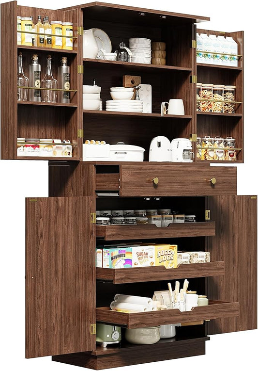 IRONCK Farmhouse Kitchen Pantry Cabinet, 72" Tall Pantry Cabinets with 2 Pull Doors and Drawer Organizing Board Storage for Home Kitchen Dining Room, Walnut Brown