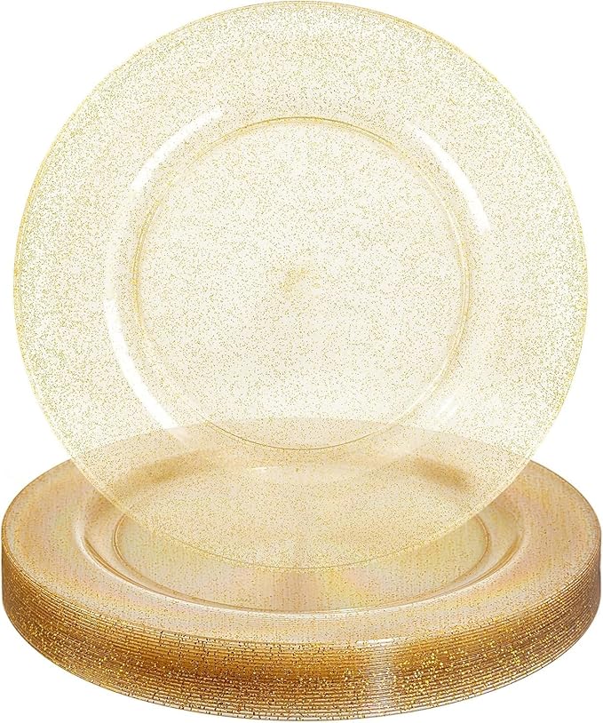 WDF 25PCS Glitter Gold Charger Plates - 12inch Gold Charge for Dinner - Plastic Chargers for Wedding Birthday Party Valentine's Day