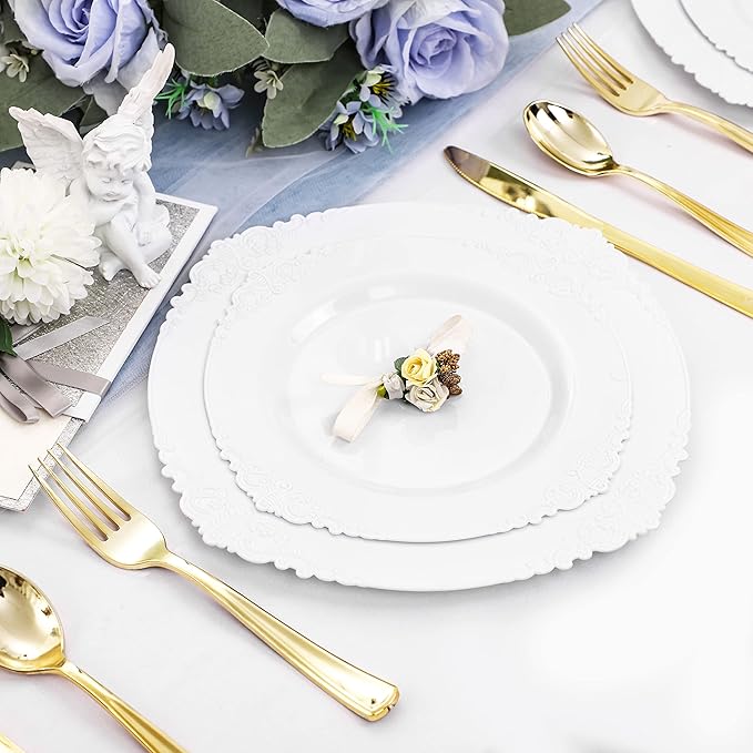 Morejoy 100PCS White Plastic Plates竊똚hite Disposable Plates竊똈nclude 50 Pieces 10.25 Inch Dinner Plates & 50Pieces 7.5 Inch Dessert Plates,Perfect for Weddings & Party