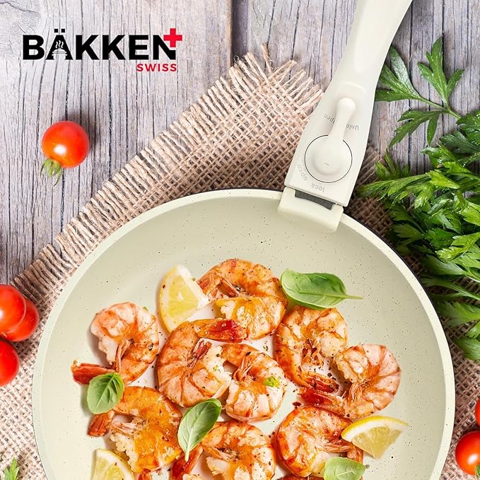 Bakken 15-Piece Non-Stick Cookware Set with Detachable Handles ??Granite Stackable Pots and Pans Set, Dishwasher Safe, Oven-Safe, and Compatible Kitchen Essential for All Stoves ??Cream