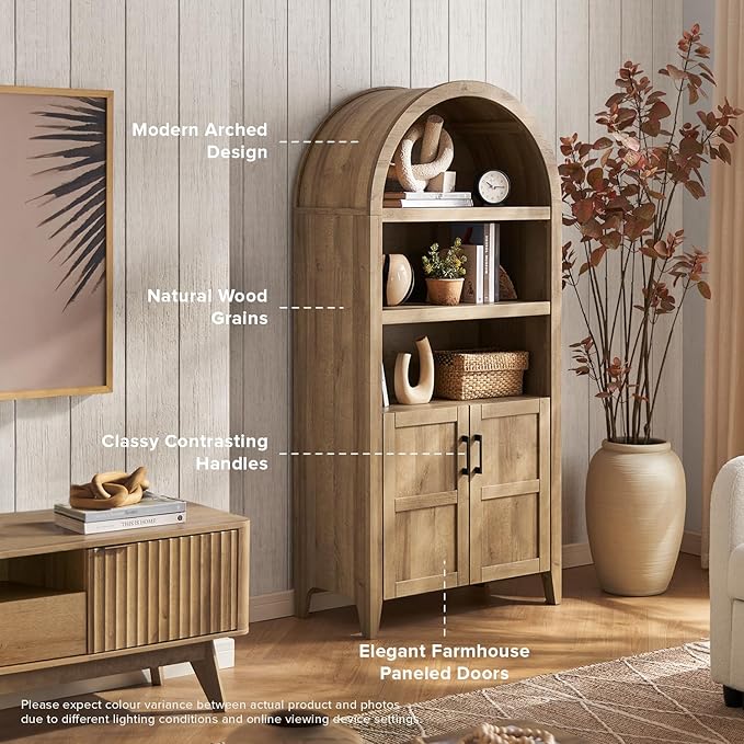 mopio Lauren 65.4" Short Arched Cabinet, The Original 5-Tier Bookcase with Doors and Shelves, Mini Arch Bookshelf with Storage, Wooden Storage Cabinet for Living Room and Kitchen Pantry (Oak)