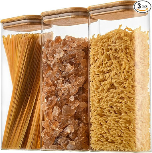 71oz Rectangle Airtight Glass Storage Containers with Bamboo Lids (Set of 3), Square Food Storage Jar, Pantry Organizers for Sugar, Flour, Spaghetti and Coffee beans (?럚ith Black Lable)