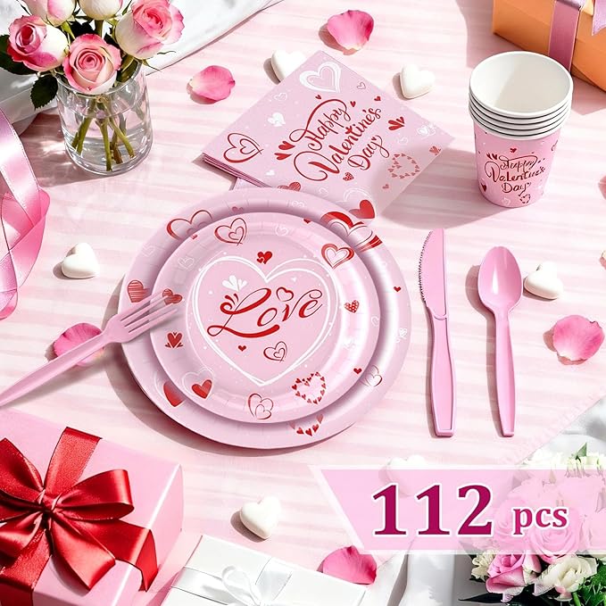 Valentines Day Tableware Set Sweet Heart Dinnerware Pack with Paper Plates, Cups, Napkin, Knives, Forks, Spoons - Valentine?셲 Day Party Supplies for Wedding,Anniversary, Birthday,Gatherings,Serves 16