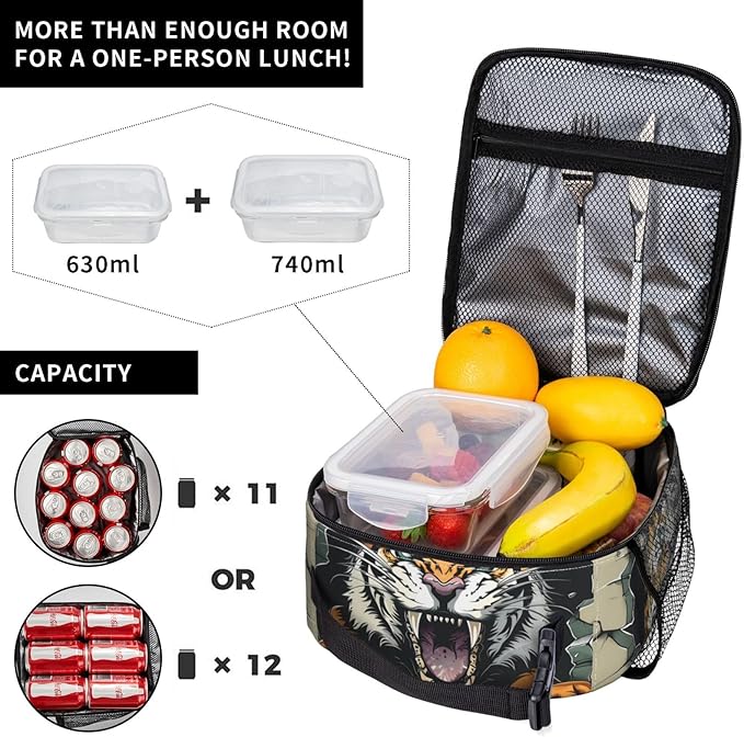 VANZEV Insulated Lunch Box for Women Men, Tiger Animal Theme Lunch Box Reusable Portable Lunch Bag Cooler Tote Waterproof Lunch Container for Office Picnic Work Travel