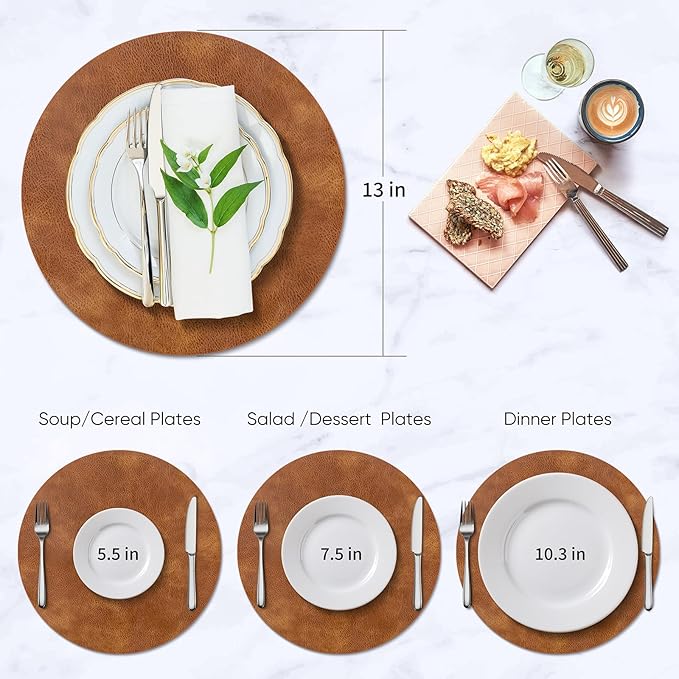 ADRIMER Placemats, Heat Resistant Round Placemats Set of 4 Washable, Waterproof Table Mats, Wipeable Faux Leather Place Mats for Kitchen, Dining Room, Turmeric Brown
