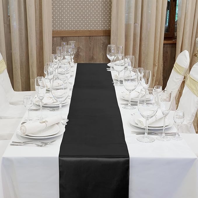 Aneco 4 Pack Satin Table Runner 12 x 108Inch Long Bright Silk and Smooth Fabric Party Table Runner for Wedding Banquet Party Decoration-Black
