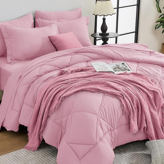 HEVUMYI Pink Twin Comforter Set - 5-Piece All Season Bed in a Bag Twin, Ultra Soft Bedding Set with Comforter, Flat Sheet, Fitted Sheet, Pillowcases, Pillow Shams, Pink