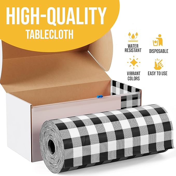 Party Solids 54 Inch X 300 Feet Black Gingham Plastic Table Cover Roll in A Cut - to - Size Box with Convenient Slide Cutter. Cuts Up to 36 Rectangle 8 Feet Plastic Disposable Tablecloths