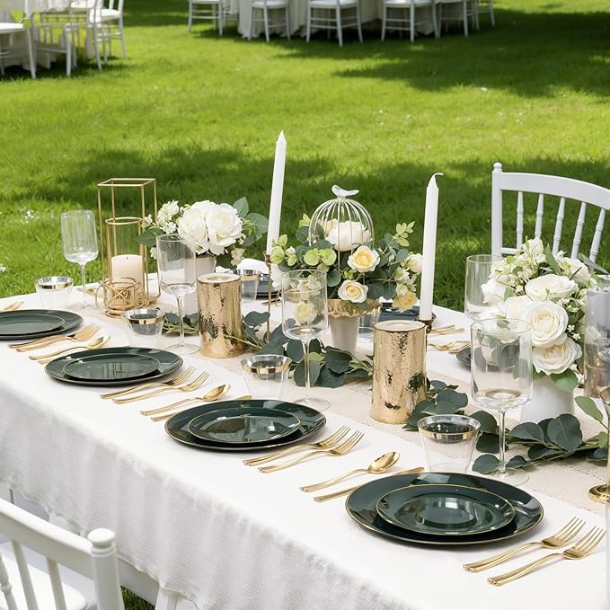 WDF 300Pcs Green Plates Disposable - Heavy Duty Green Plates - 50Guest Green Plastic Dinnerware Include 50 Dinner Plate, 50 Dessert Plate, 150 Cutlery & 50 9oz Cups for Parties St. Patrick?셲 Day