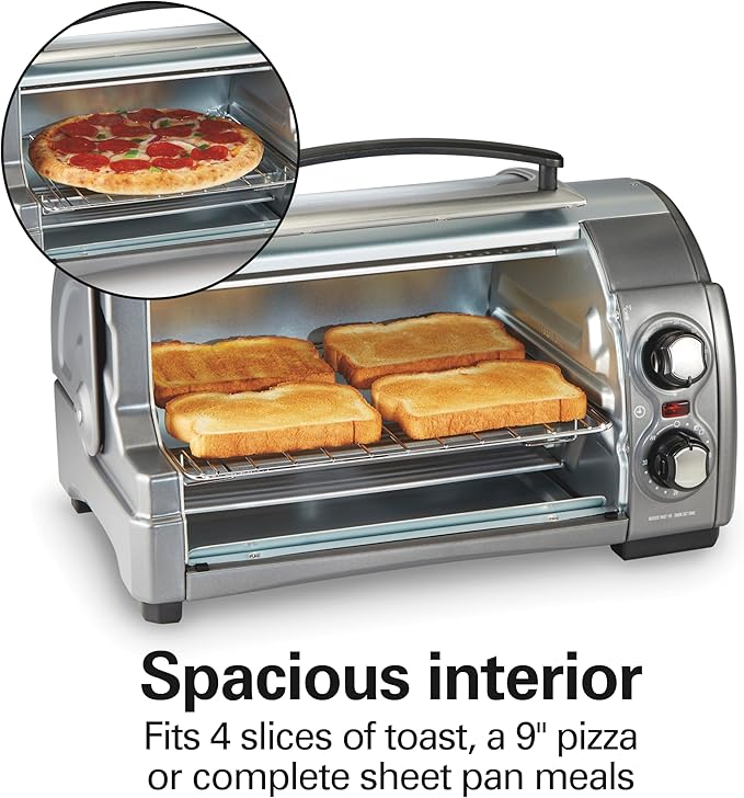 Hamilton Beach Easy Reach 4-Slice Countertop Toaster Oven With Roll-Top Door, 1200 Watts, Fits 9??Pizza, 3 Cooking Functions for Bake, Broil and Toast, Silver (31344DA)