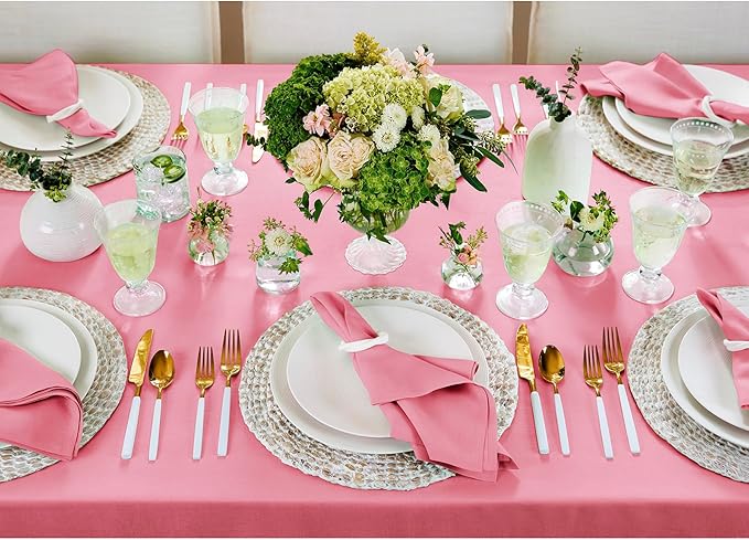 Solino Home Linen Tablecloth for Rectangle Tables 60 x 90 Inch - 100% Pure Linen Pink Carnation Table Cloth - Fete, Machine Washable Cloth Tablecloth for Valentines, Spring, Easter