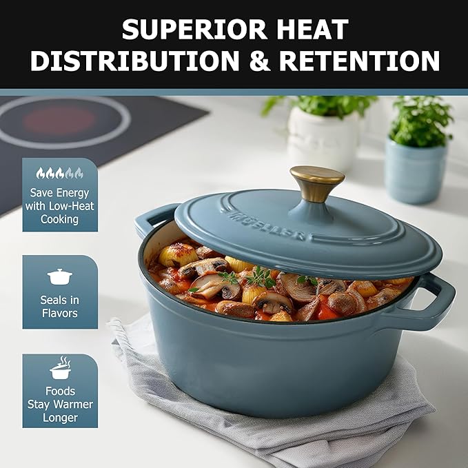 MUELLER HOME 6 Quart Enameled Cast Iron Pot Dutch Oven, Heavy-Duty, Oven-Safe up to 500째 F & Across All Cooktops, Bread Pan with Lid & Knob, Cast Iron Cookware, Blue Kitchen Accessories, Mineral Blue