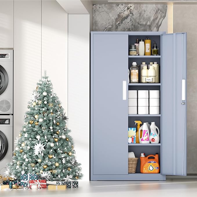 INTERGRAET 63" Tall Pantry Cabinet,Kitchen Pantry Storage Cabinets with 2 Doors and 4 Shelves,Cement Gray Metal Storage Cabinet,Cupboard for Home,Kitchen,Living Room/Dining