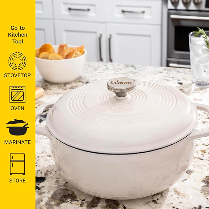 Lodge 6 Quart Enameled Cast Iron Dutch Oven with Lid ??Dual Handles, Oven Safe up to 500째F, Stovetop Compatible ??Marinate, Cook, Bake, Refrigerate & Serve ??Oyster White