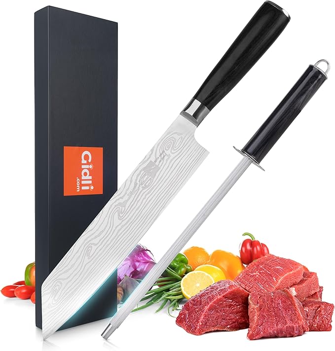 Gidli 8-Inch Chef Knife with Diamond Sharpener ??Sharp Kitchen Knife Made of German Carbon Stainless Steel with Ergonomic Wooden Handle for Slicing, Chopping&Dicing of Meat, Seafood -Gift Box Included