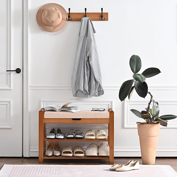 Homman Shoe Storage Bench with Coat Rack, 27.6in Hall Tree Shoe Rack, 3-Tier Bamboo Entryway Bench Holds Up to 330lb for Bedroom Hallyway