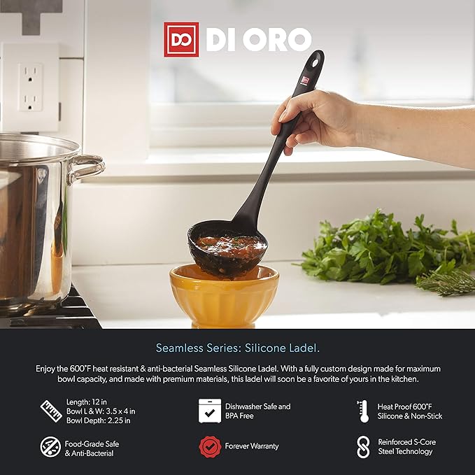 DI ORO Silicone Ladle ??Soup Ladle for Cooking & Serving Heat-Resistant - Large Kitchen Soup Ladle Nonstick Cookware Safe - Soup Serving Spoon with Wide Bowl - Silicone Utensil Dishwasher Safe (Black)