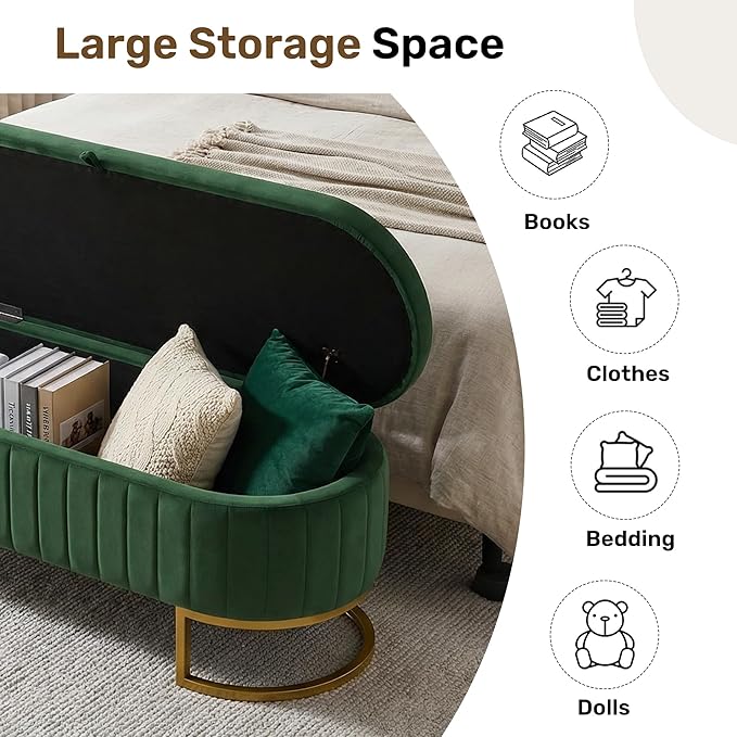VIROL 51 Inch Storage Ottoman Bench Velvet End of Bed Storage Bench King Size Upholstered Tufted Bench Large Space for Bedroom Living Room Entryway Green