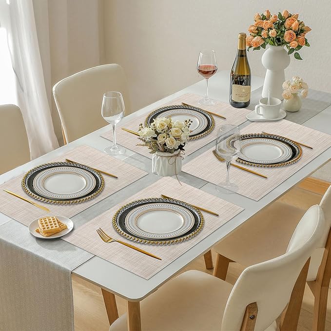 LANDVIEW Vinyl Placemats Set of 8, PVC Woven Washable Non-Slip Table Mats, Heat Resistant Wrinkle Free Place Mats for Dining Table, Easy to Clean (8, Beige)
