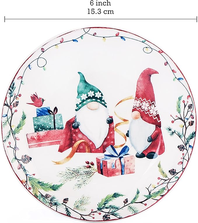 Bico Christmas Gnomes Appetizer Plates Set of 6, 6 Inch Small Ceramic Dessert Plates for Snacks, Salad, Tablescape, Microwave and Dishwasher Safe, Gift for Housewarming and Thanksgiving